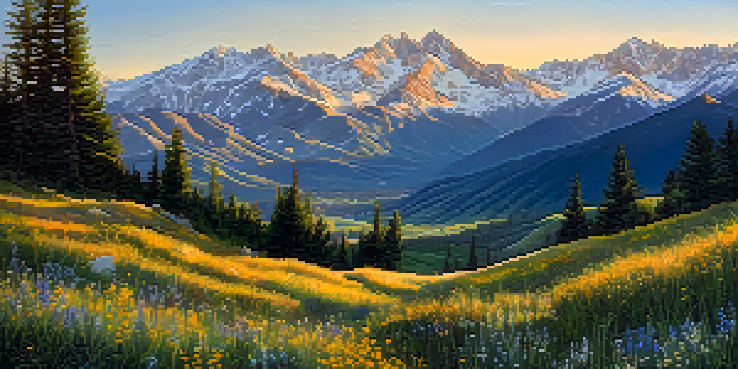 A panoramic view of the Wasatch Range at sunrise, with golden light illuminating the rugged mountains and a lush alpine meadow filled with wildflowers in the foreground.