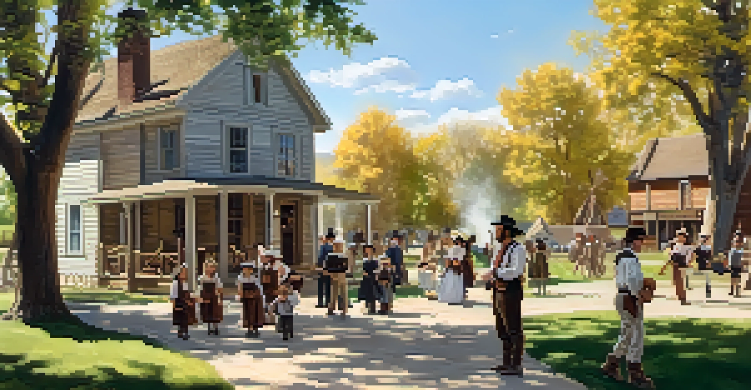 A lively scene at Pioneer Village with original buildings, visitors in period costumes, and children playing under the trees on a sunny day.