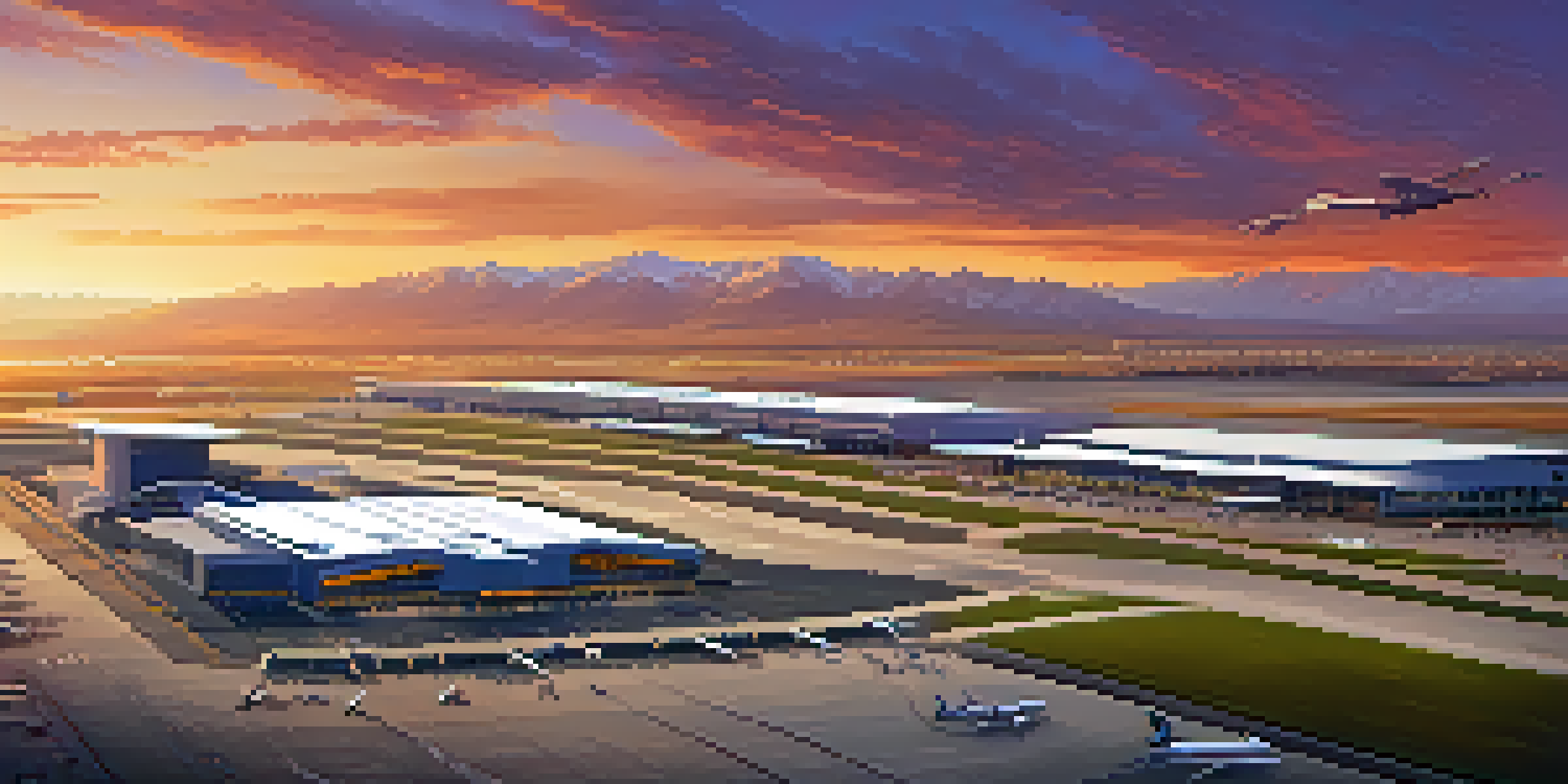 Aerial view of Salt Lake City International Airport at sunset with planes on the runway and mountains in the background.