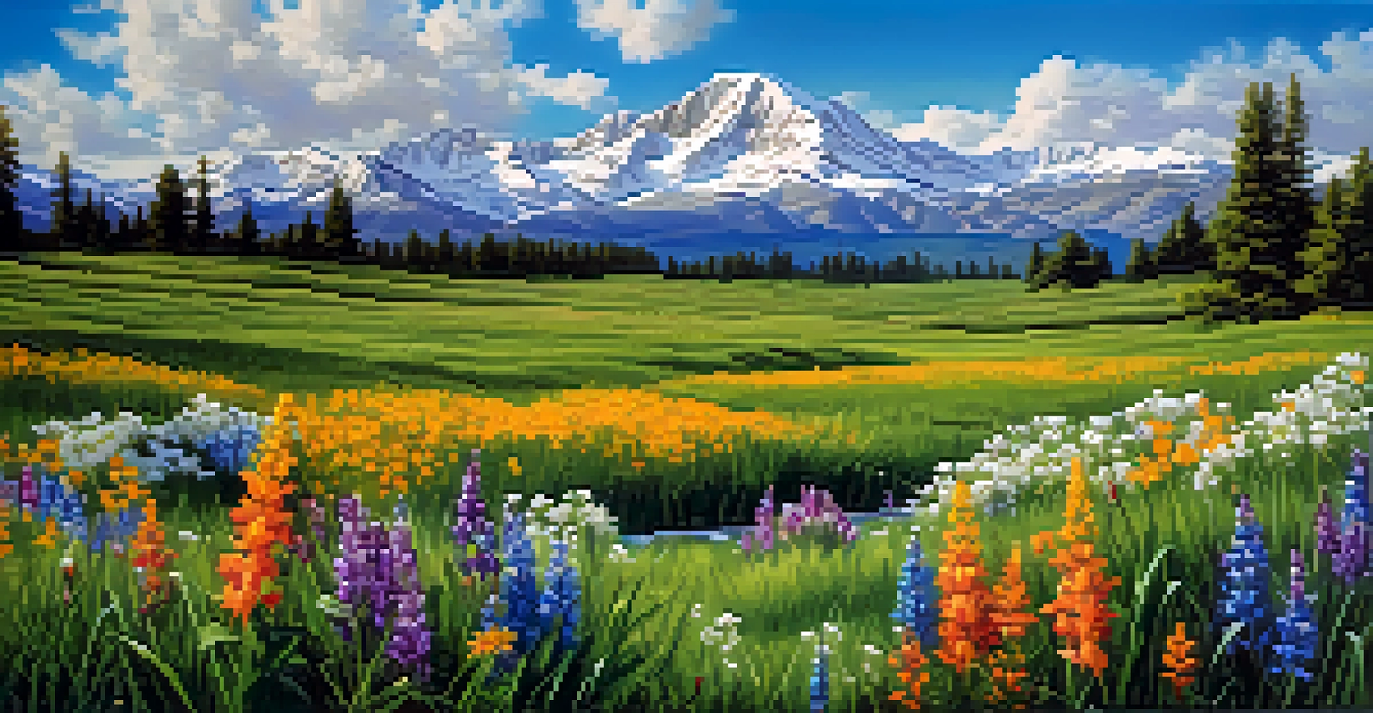 A vibrant spring scene with blooming wildflowers and snow-capped mountains in the background under a clear blue sky.