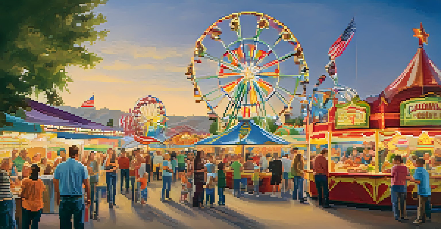 A bustling scene at the Utah State Fair with carnival rides, local craft booths, and families enjoying food and games.
