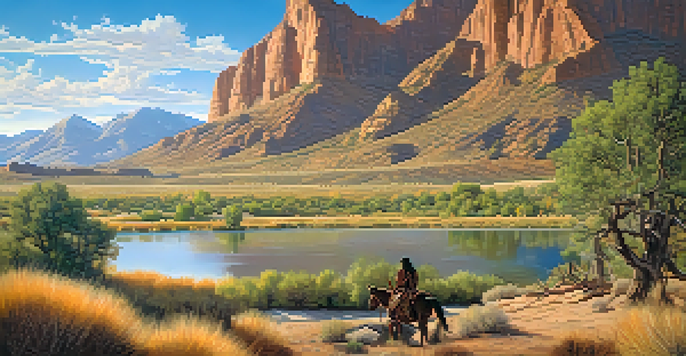 A Ute tribe member hunting in a natural landscape of Utah before European settlement, surrounded by native plants and mountains under a blue sky.