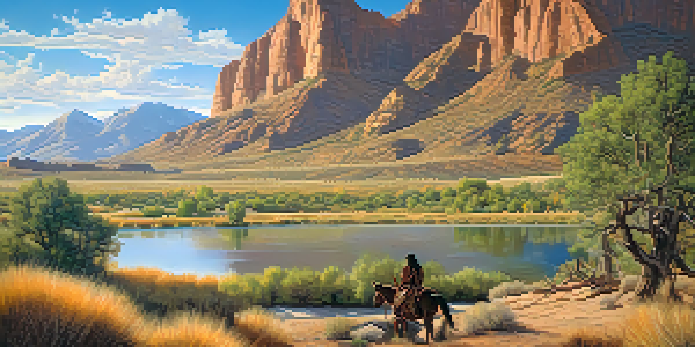 A Ute tribe member hunting in a natural landscape of Utah before European settlement, surrounded by native plants and mountains under a blue sky.