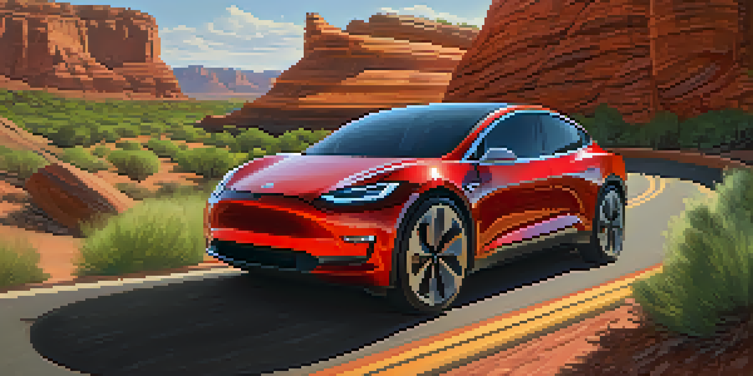 An electric vehicle on a winding road in Utah, surrounded by red rock formations and greenery, under warm sunlight.