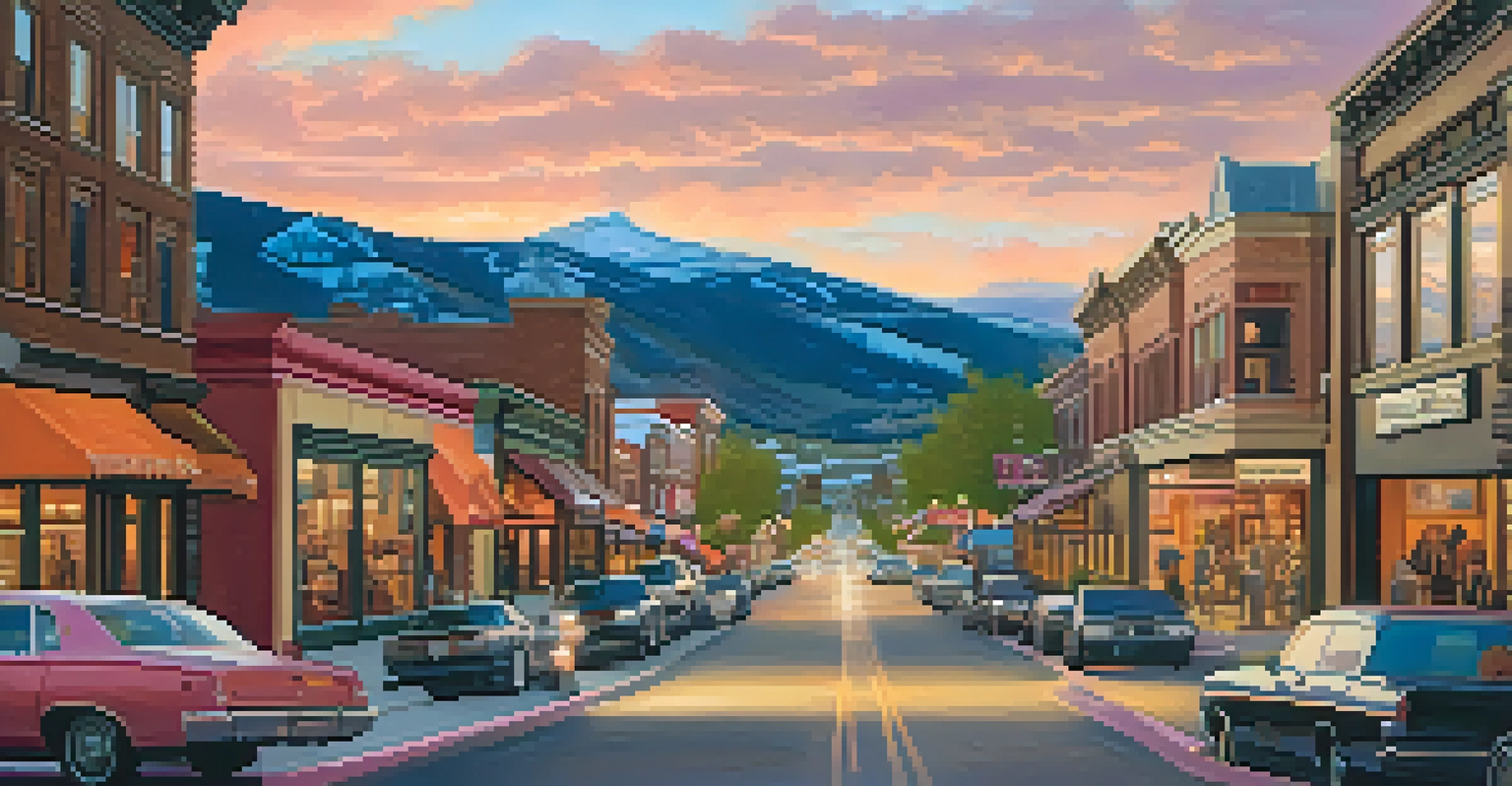 A picturesque view of Park City's Main Street, lined with art galleries and surrounded by mountains during sunset, with visitors exploring the area.
