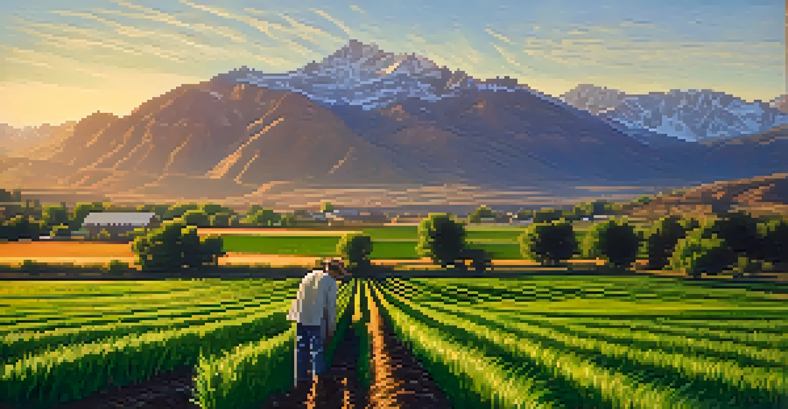 A farmer using modern technology in a green crop field, with the Wasatch Mountains in the background during sunrise.