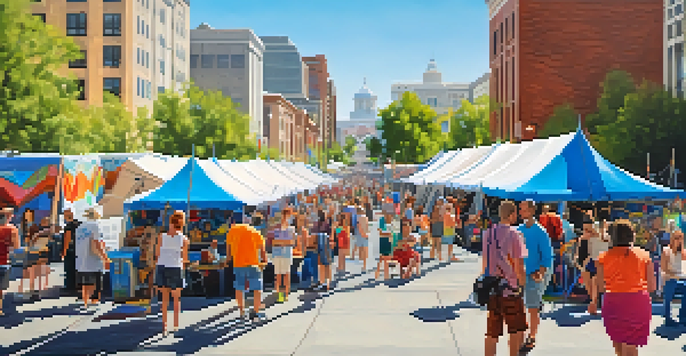An outdoor arts festival in downtown Salt Lake City with artists painting and sculpting, colorful tents, and crowds enjoying the event.