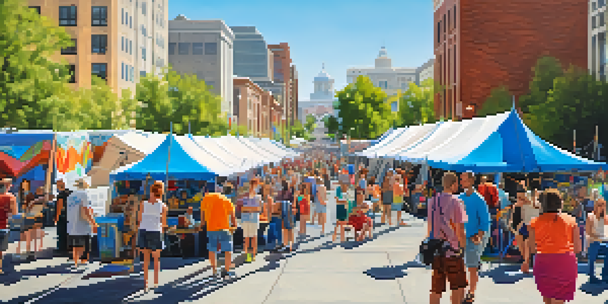 An outdoor arts festival in downtown Salt Lake City with artists painting and sculpting, colorful tents, and crowds enjoying the event.