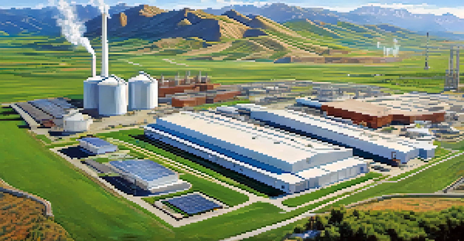 An aerial view of a modern manufacturing plant surrounded by green fields and mountains, showcasing sustainability.