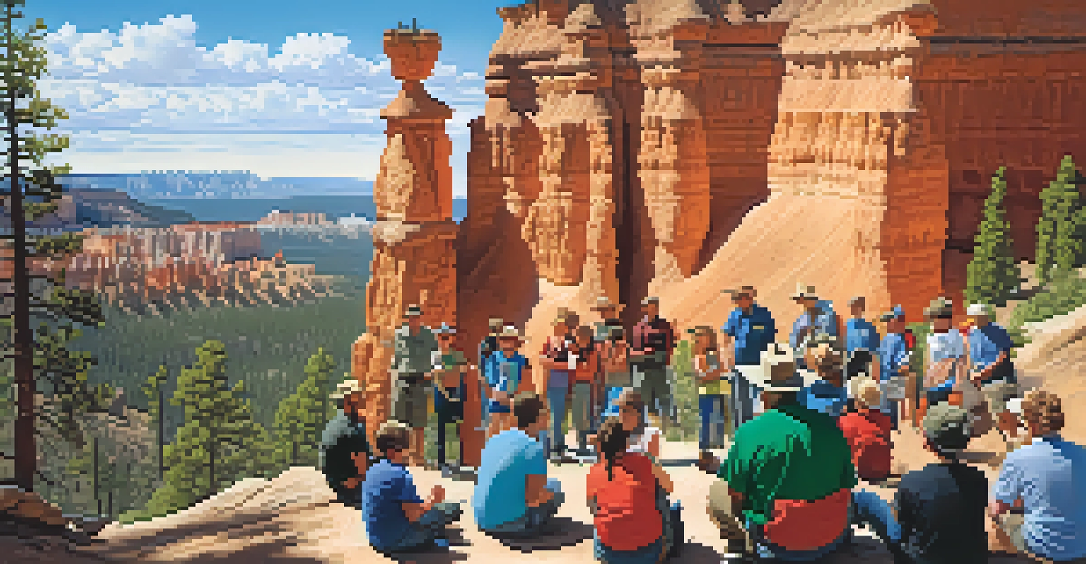 A ranger-led education program in Bryce Canyon National Park with hoodoos in the background and visitors listening.