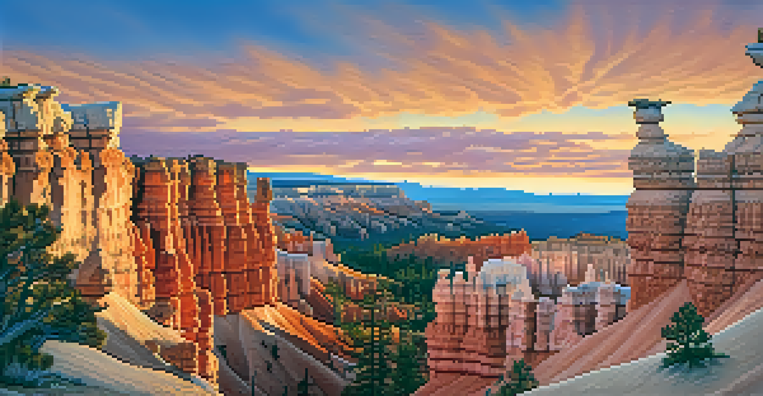 A sunrise view of Bryce Canyon with vibrant hoodoos in pink and orange hues under a clear blue sky, featuring a winding trail in the foreground.