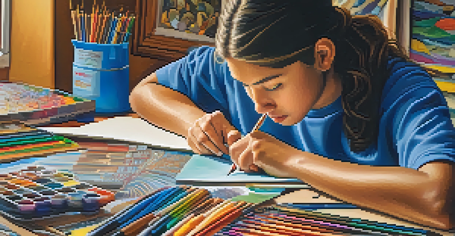 A close-up of a student focused on creating a traditional art project with vibrant colors and intricate patterns in a warm, well-lit art room.
