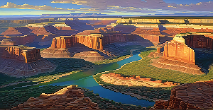 An aerial view of the Colorado Plateau at sunset, featuring colorful rock formations and a winding river.