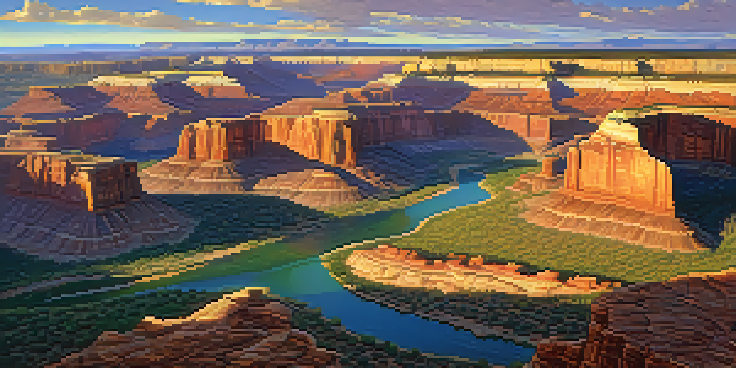 An aerial view of the Colorado Plateau at sunset, featuring colorful rock formations and a winding river.