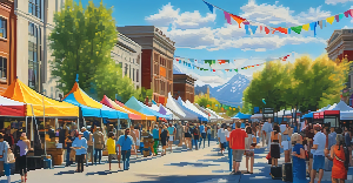 A busy street scene in Salt Lake City during an art festival, with colorful tents and artworks on display, surrounded by people engaging with artists.