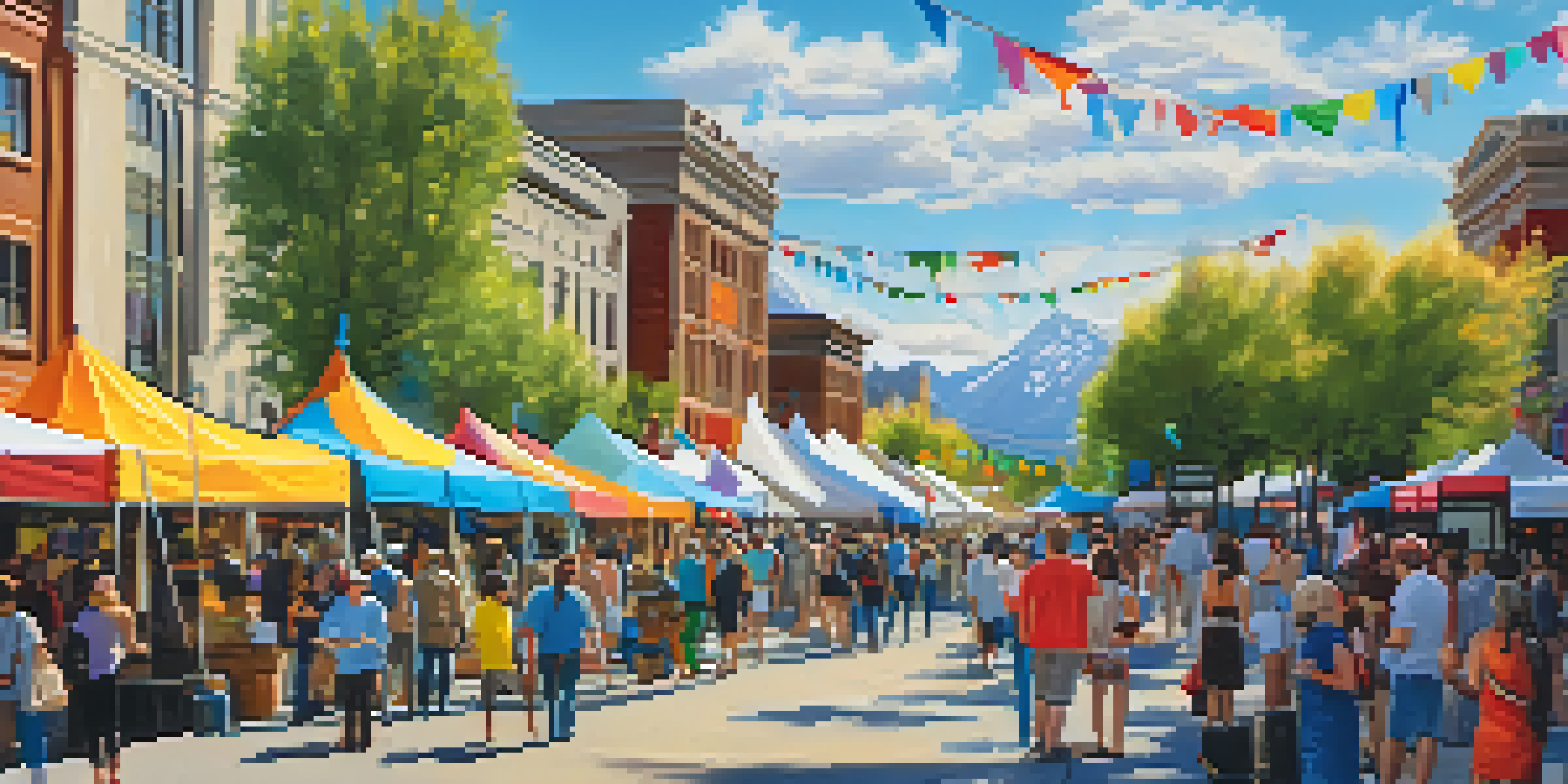 A busy street scene in Salt Lake City during an art festival, with colorful tents and artworks on display, surrounded by people engaging with artists.