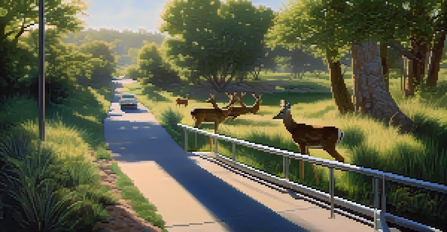 A wildlife corridor with an overpass designed for animal crossings, surrounded by lush vegetation and deer in a serene landscape.