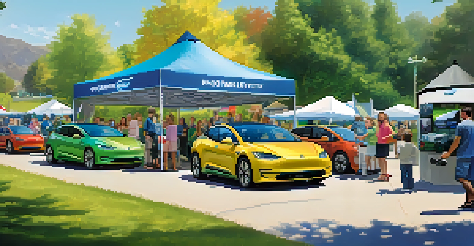 A community event showcasing electric vehicles with people interacting, booths, and colorful banners promoting sustainability.
