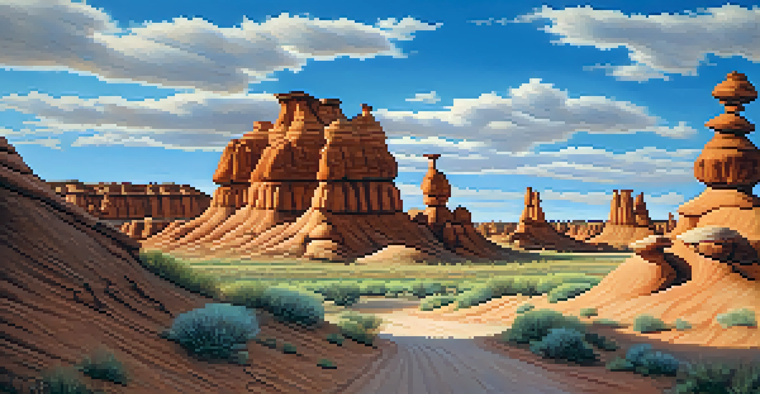 The whimsical rock formations of Goblin Valley State Park in Utah, with a clear blue sky and sandy path.
