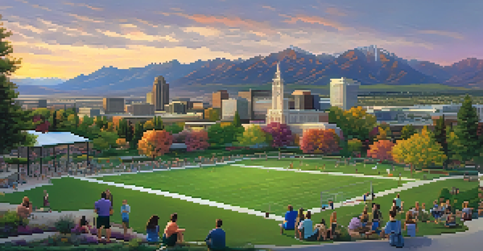 A scenic sunset view of Salt Lake City with mountains in the background and a park in the foreground.