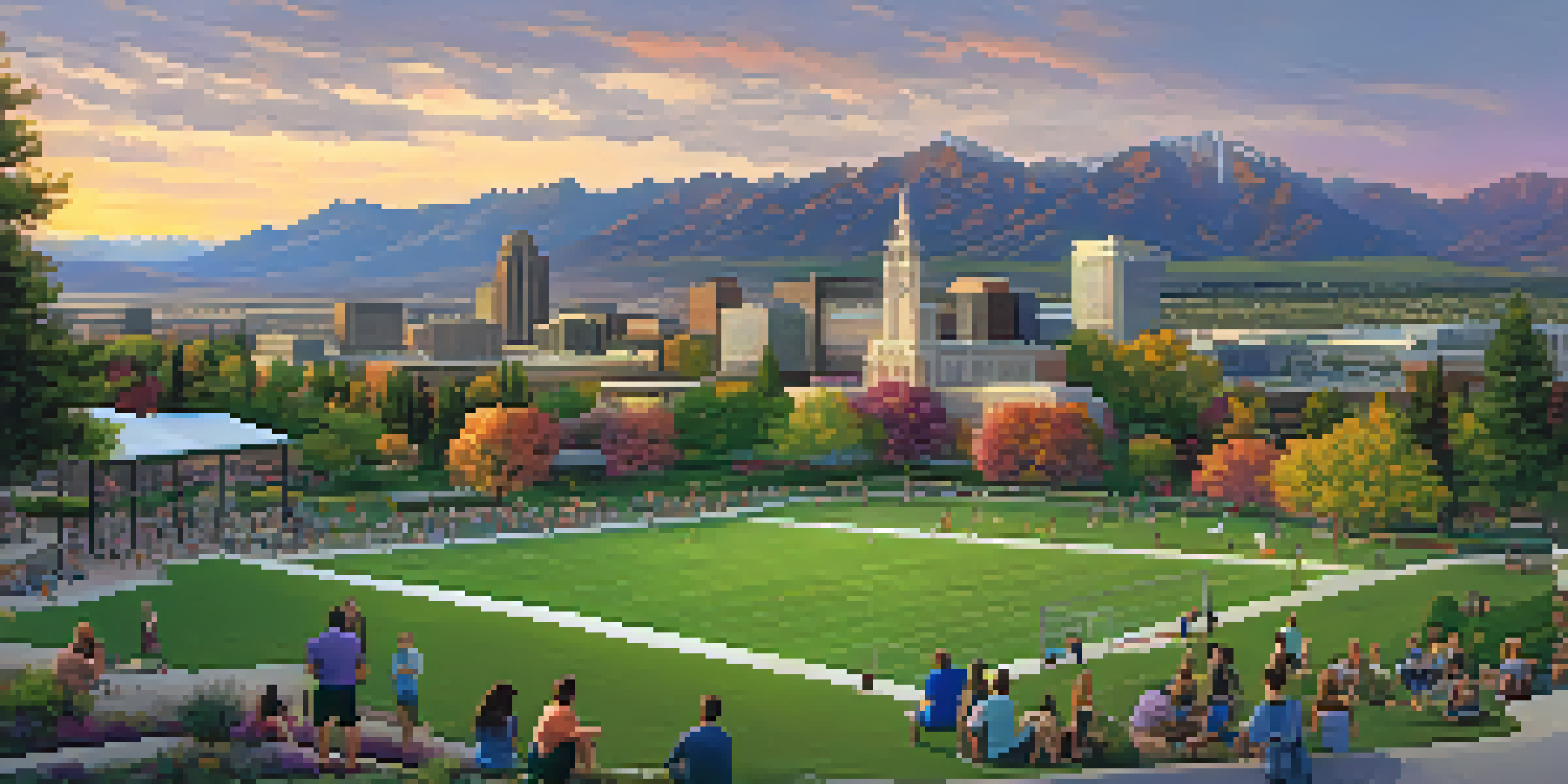 A scenic sunset view of Salt Lake City with mountains in the background and a park in the foreground.