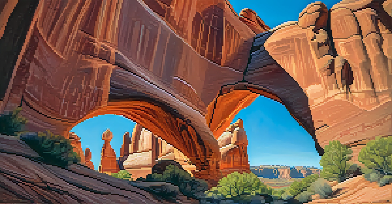 Close-up of unique rock formations in Arches National Park with intricate sandstone arches and spires under a blue sky.