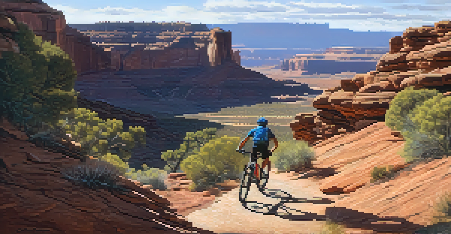 A mountain biker riding on a trail in Canyonlands National Park, with dramatic cliffs and canyons in the background.