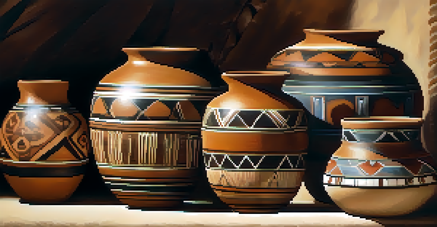 A close-up of traditional Native American pottery with symbolic designs, placed on a textured cloth, highlighting its earthy tones.