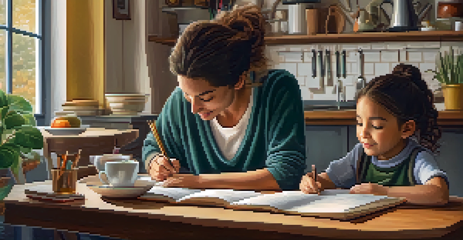 A parent assisting their child with homework at a kitchen table, creating a supportive learning environment.