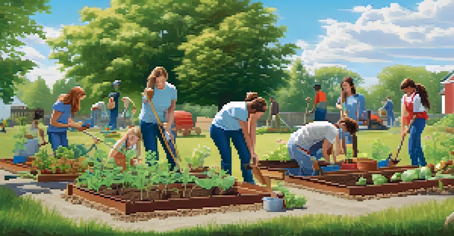 Students working together on a community garden project, planting flowers and vegetables under a clear sky.