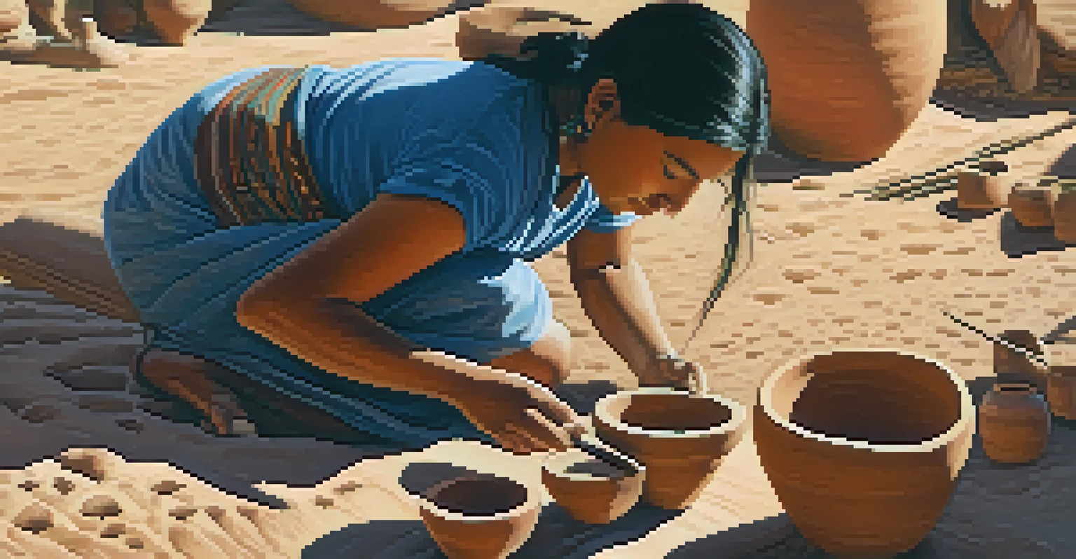 A skilled artisan creating Pueblo pottery outdoors, surrounded by clay and tools, with geometric designs visible on the pottery.