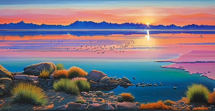 A panoramic view of the Great Salt Lake during sunset with colorful water and a rocky shoreline.