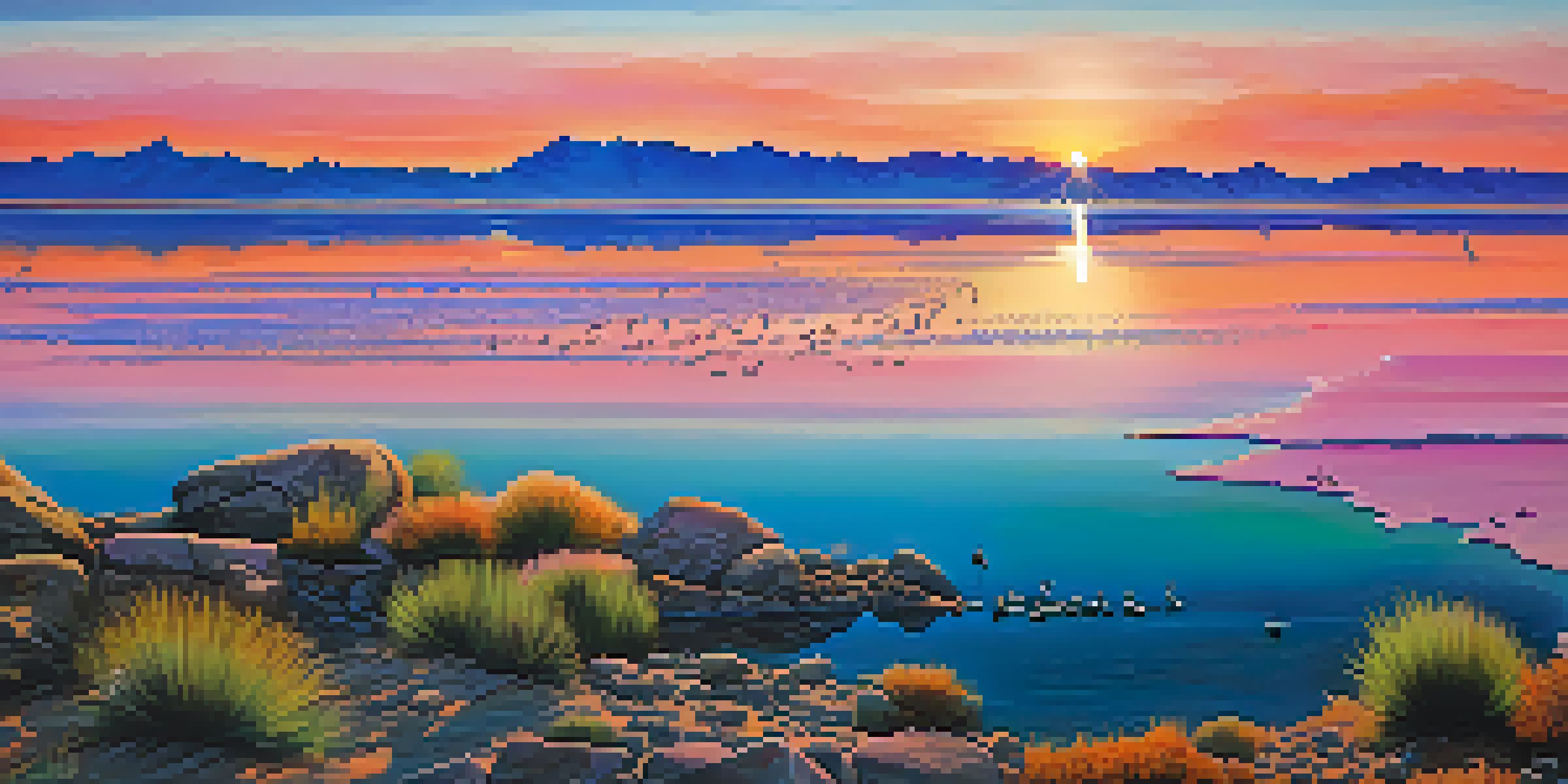 A panoramic view of the Great Salt Lake during sunset with colorful water and a rocky shoreline.