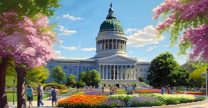 A scenic view of the Utah State Capitol with people enjoying the park.