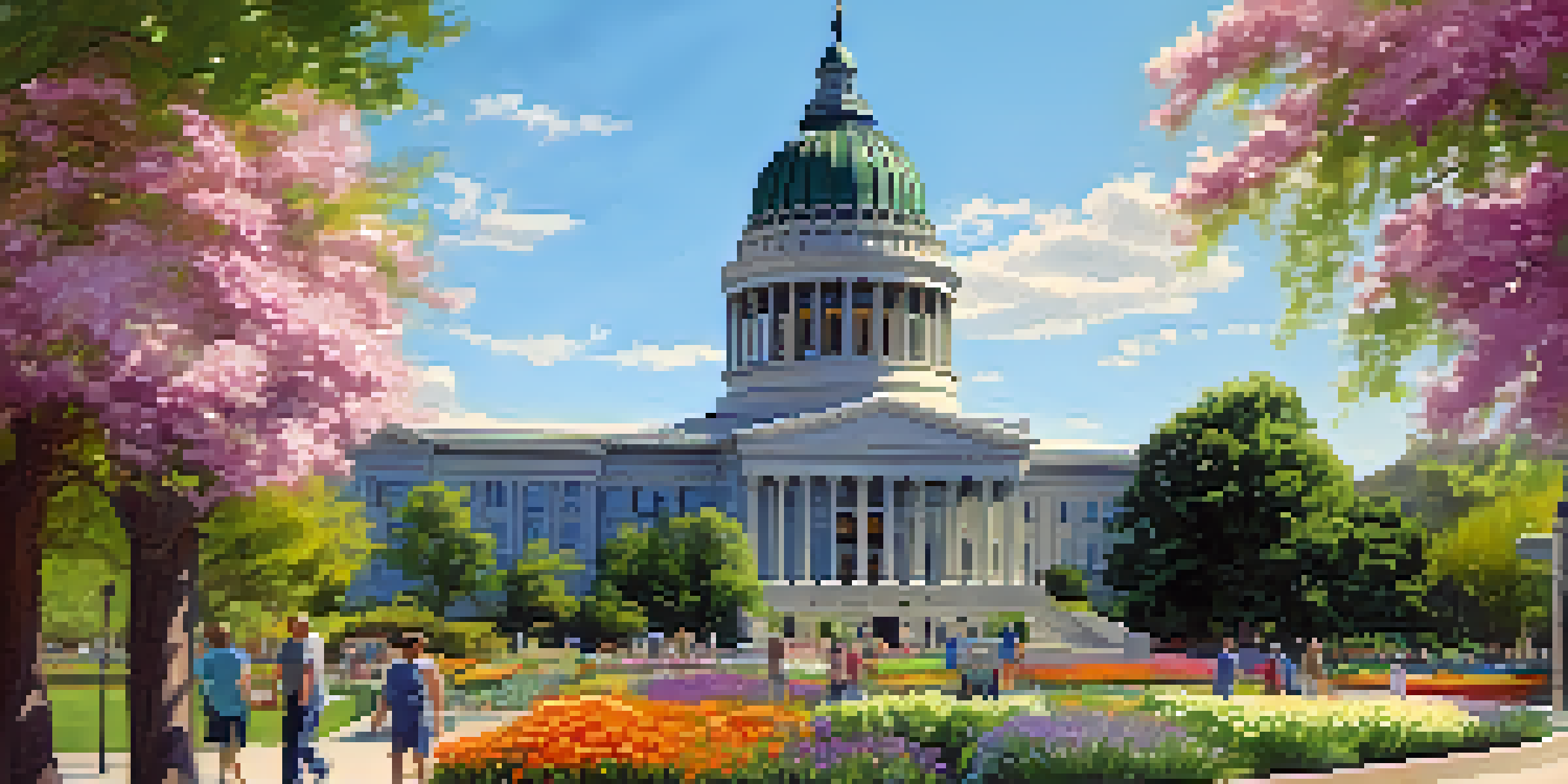 A scenic view of the Utah State Capitol with people enjoying the park.