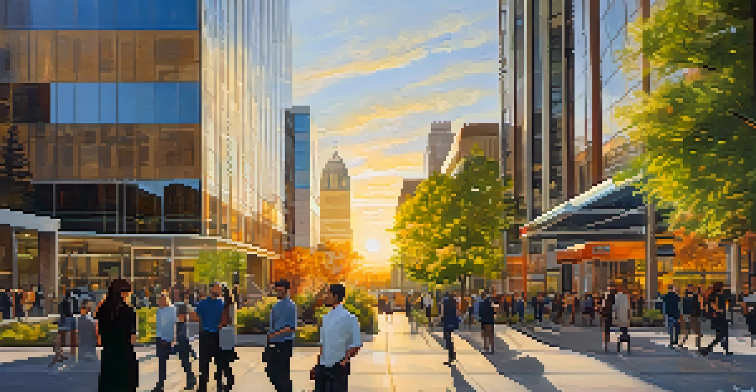 An urban scene in Salt Lake City with modern tech buildings, people networking, and sunset lighting.
