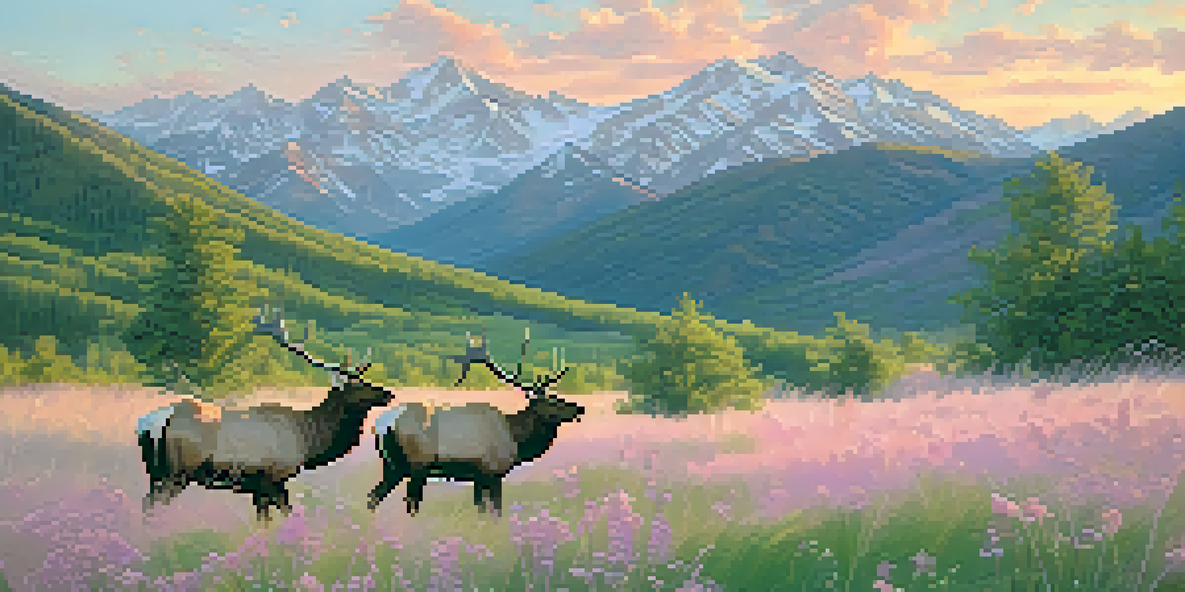 A picturesque view of Utah's Wasatch Mountains at sunrise with elk in a meadow and colorful sky.