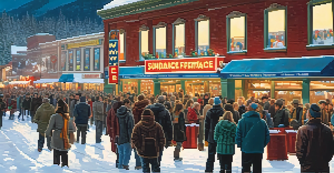 A winter scene at the Sundance Film Festival with a diverse crowd outside a theater, surrounded by snow and colorful banners.