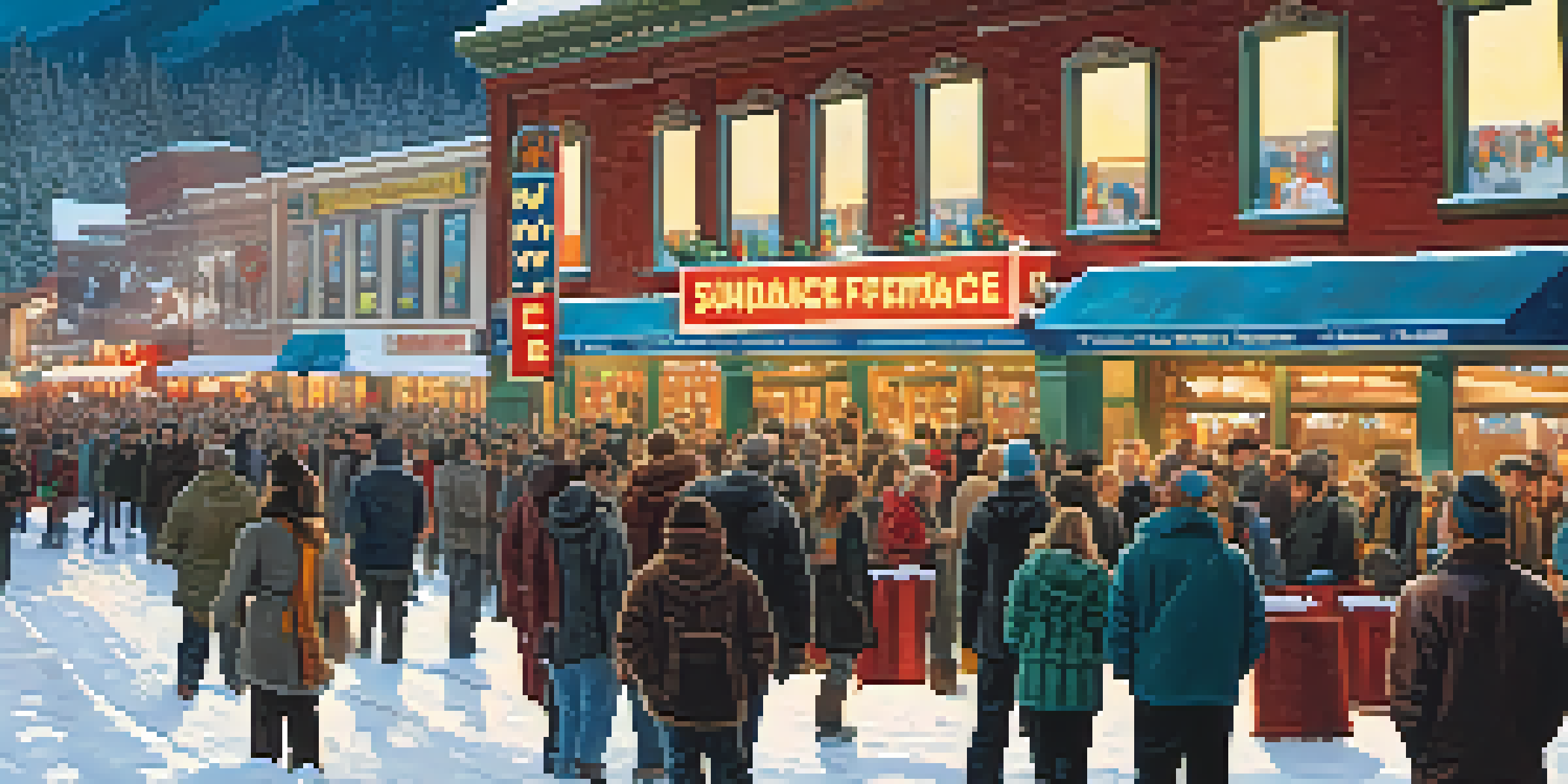 A winter scene at the Sundance Film Festival with a diverse crowd outside a theater, surrounded by snow and colorful banners.