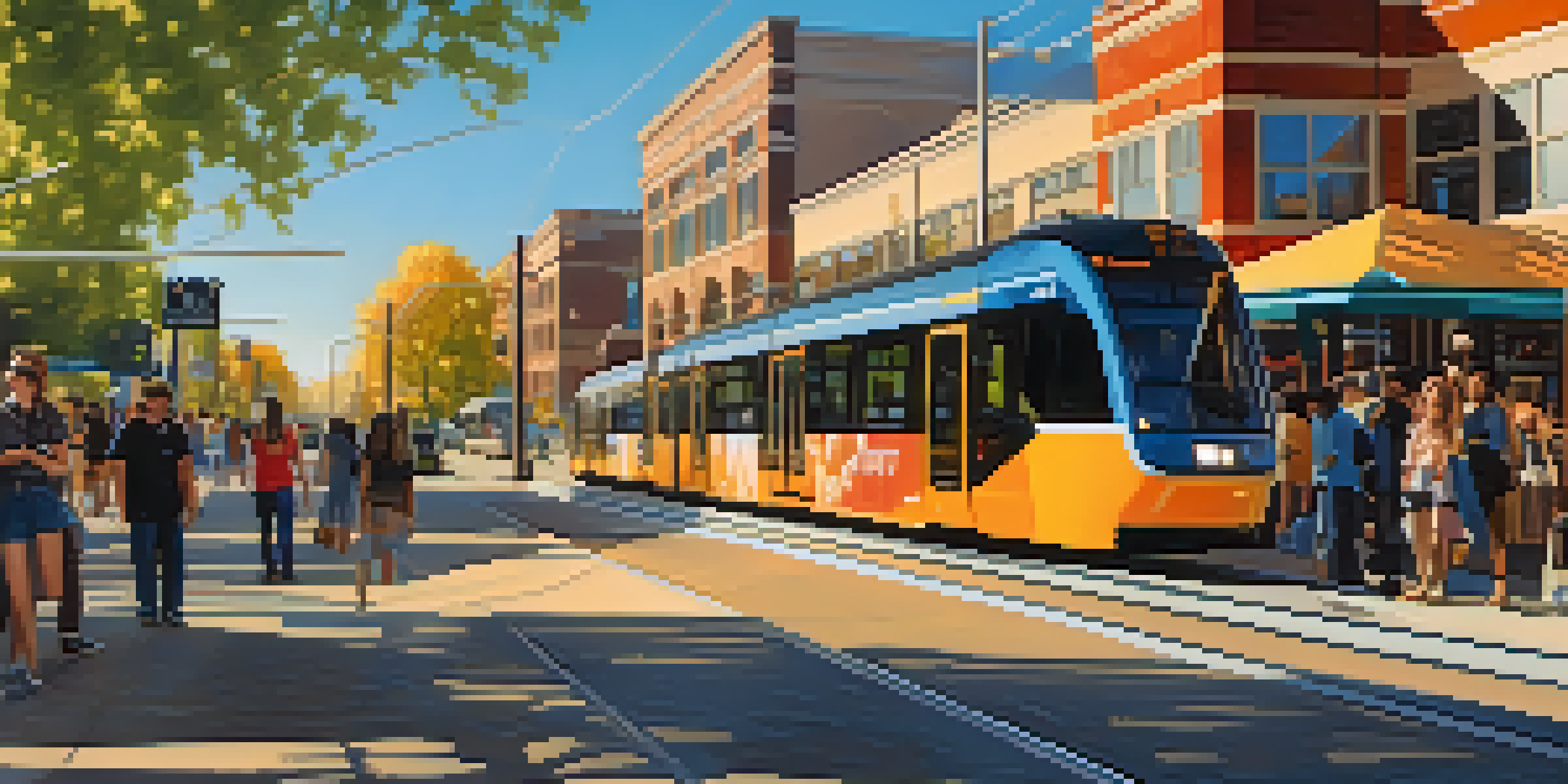 A busy urban street in Salt Lake City featuring a light rail train and people at a bus stop, with trees and urban art.