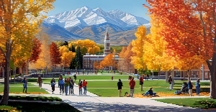 A wide view of the University of Utah campus with colorful autumn trees, students outside, and mountains in the background.