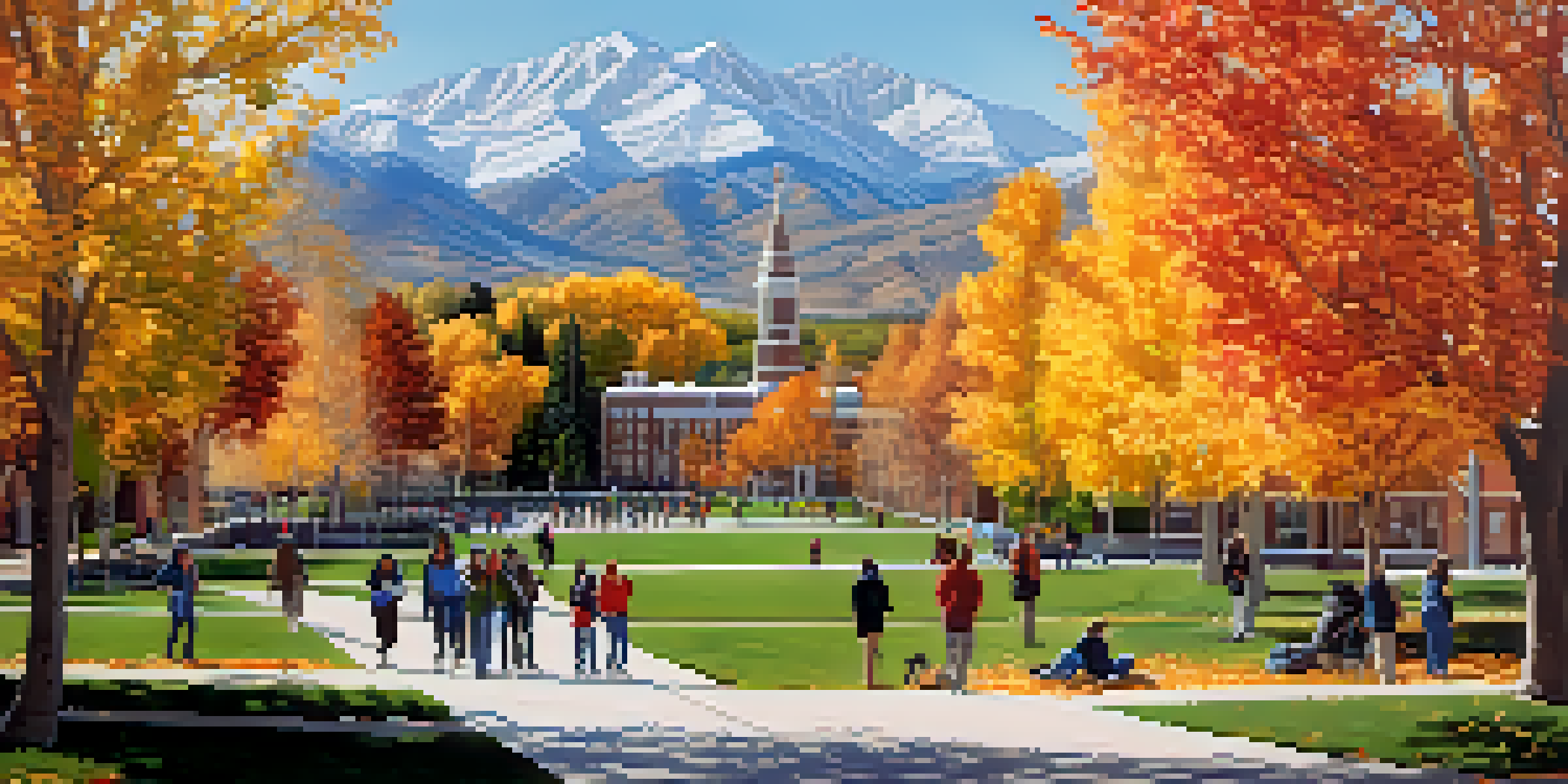 A wide view of the University of Utah campus with colorful autumn trees, students outside, and mountains in the background.