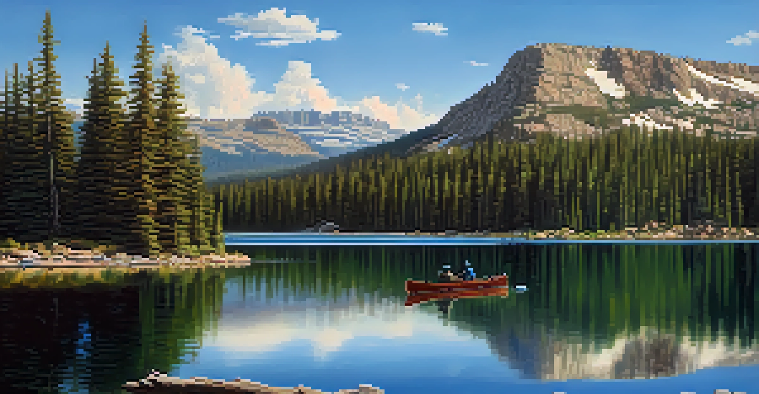 A peaceful alpine lake in the Uinta Mountains, surrounded by rugged peaks and forests, with a canoe resting on the water.