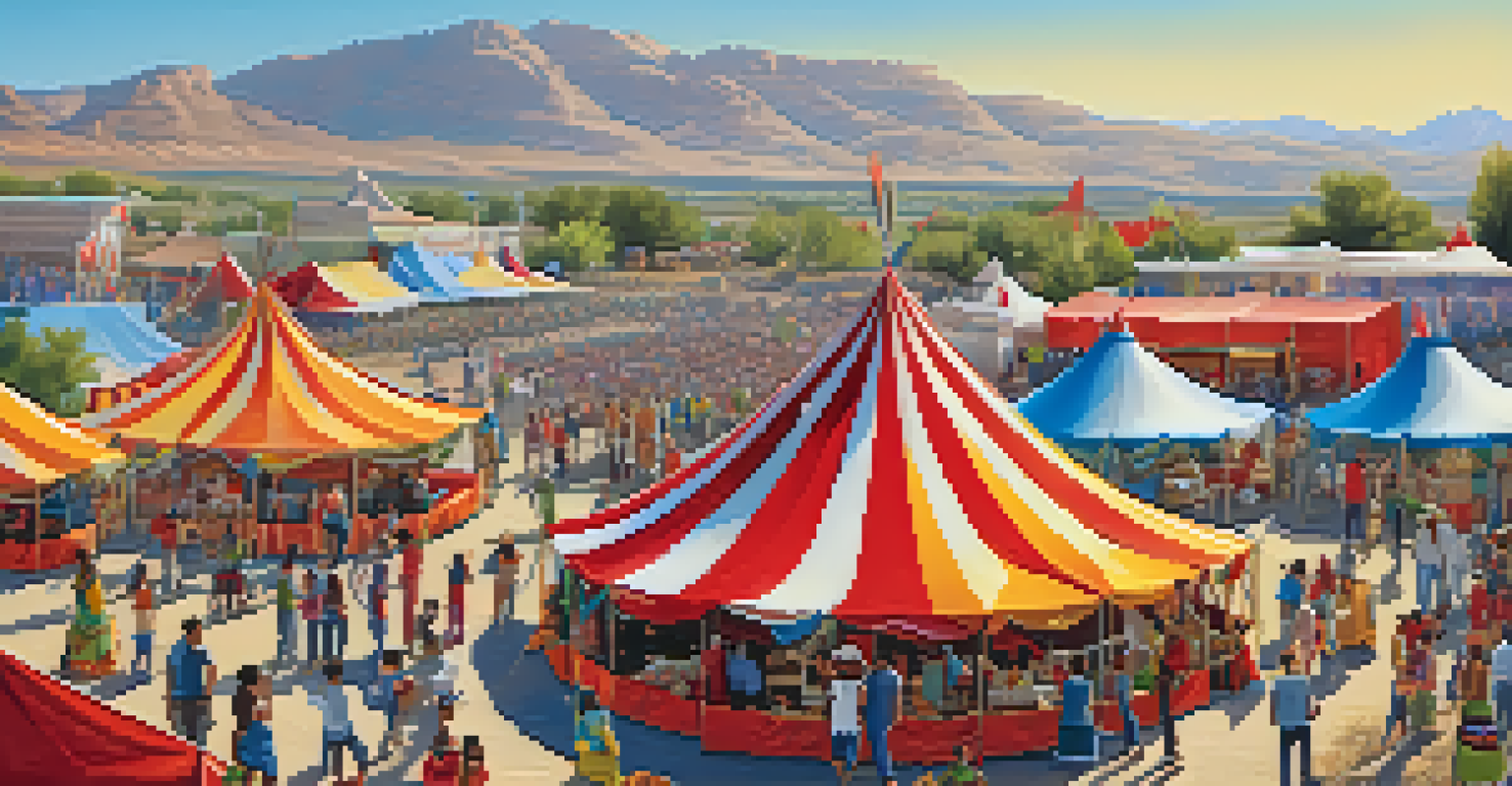 A lively outdoor community festival showcasing cultural heritage with colorful tents, music performances, and families engaging in activities against a scenic Utah backdrop.
