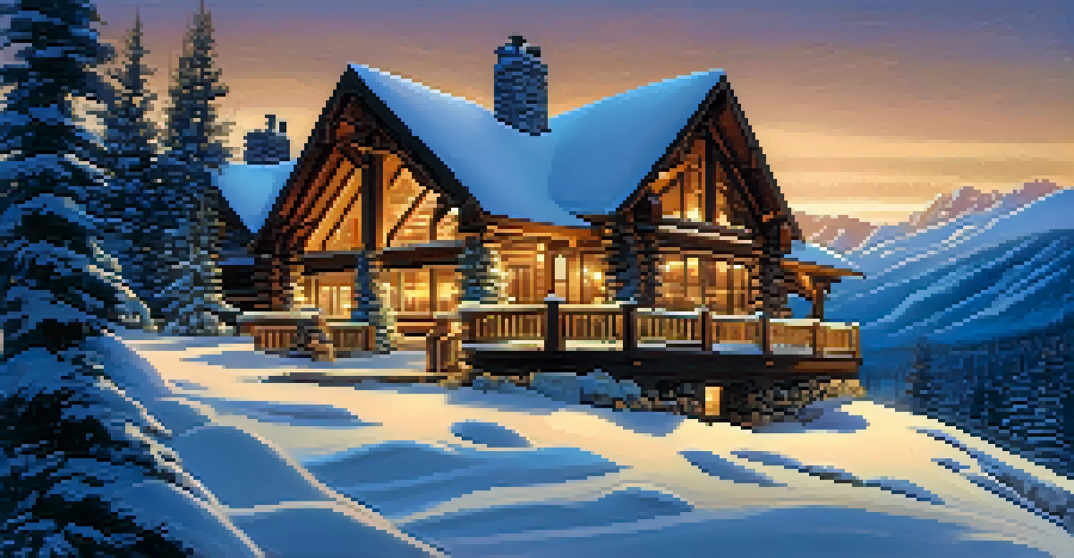 A cozy mountain lodge in snowy Utah mountains with warm lights and gentle snowfall.