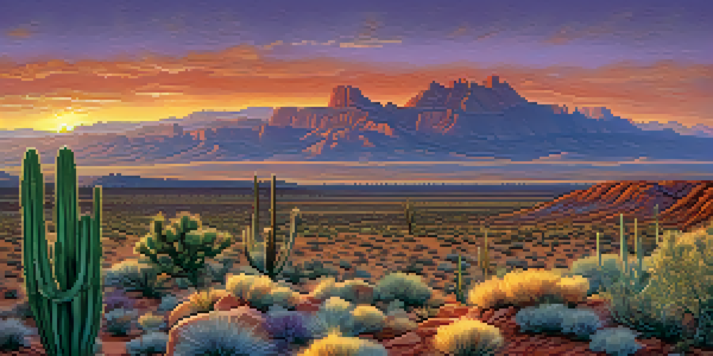 A panoramic view of Utah's desert landscape at sunset with red rocks and colorful sky.