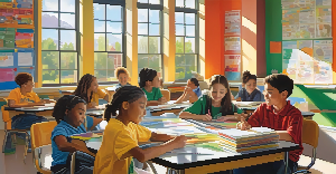 A diverse group of students working together in a bright classroom filled with educational materials.