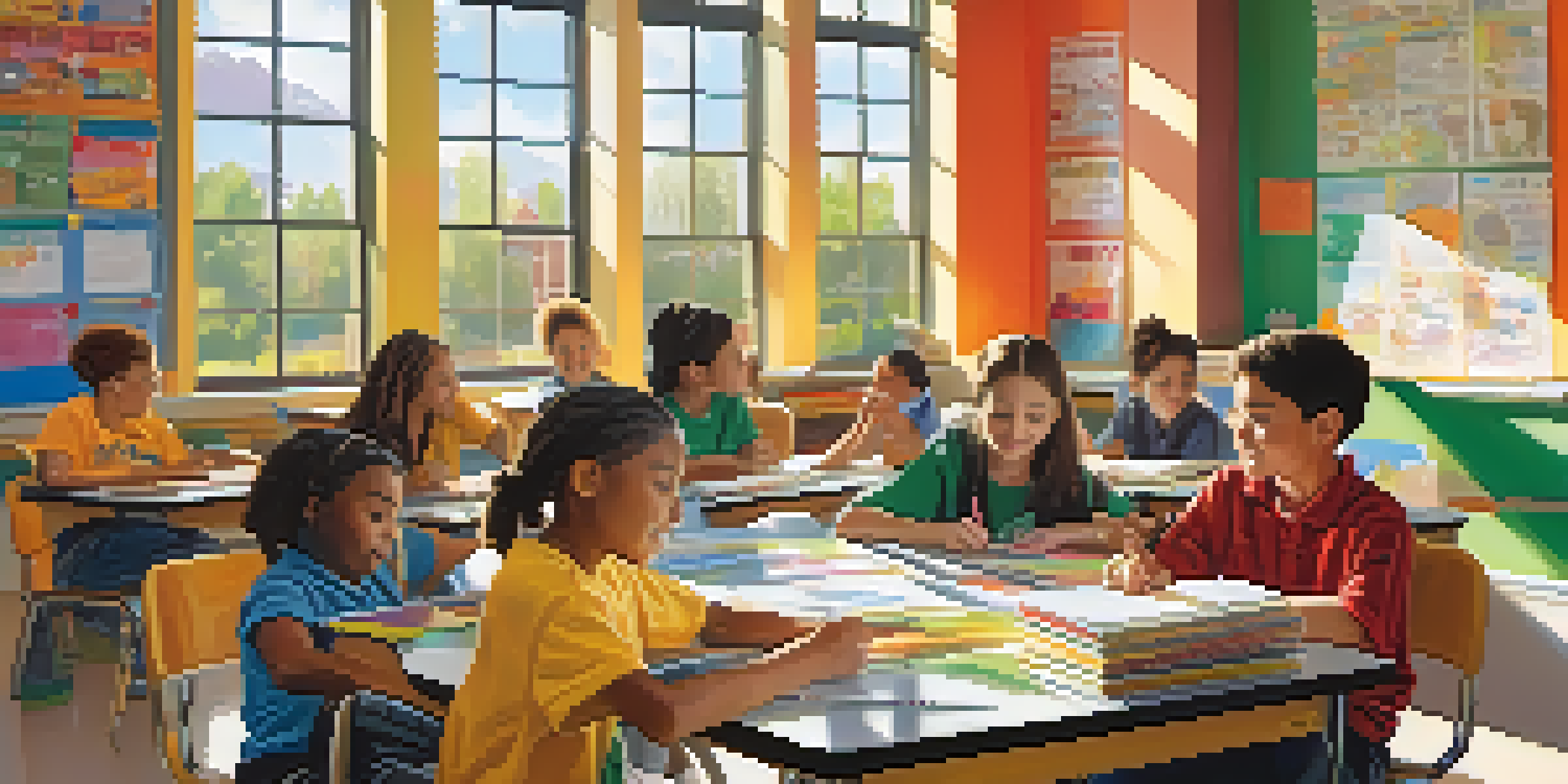 A diverse group of students working together in a bright classroom filled with educational materials.