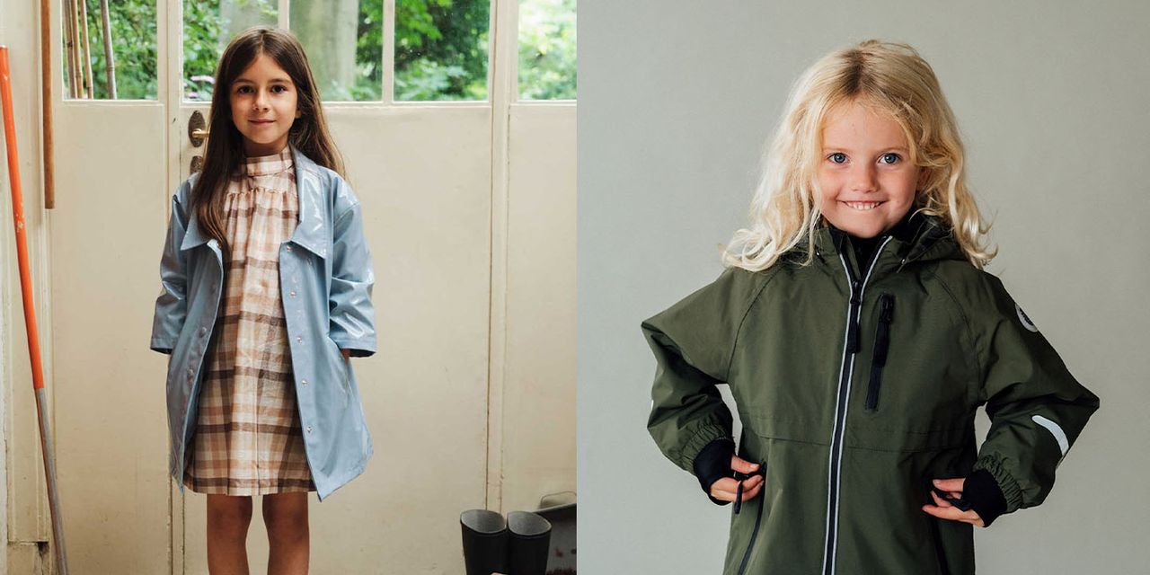 Two pictures, one with a girl with long brown hair, wearing a dress and a blue raincoat. The other picture is a blond youger child looking a bit mischievous wearing a dark green shelljacket 
