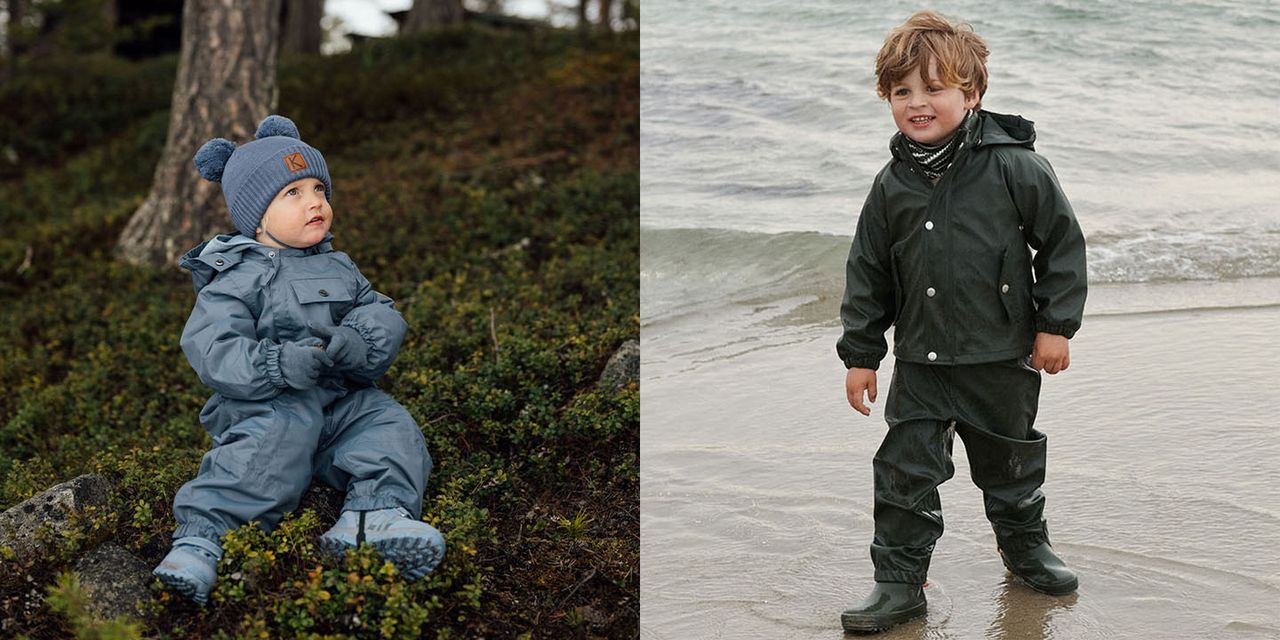 Two pictures, one with a kid in the forest wearing a blue hat, blue shellwear and gloves. The other picture is a kid on the beach a windy day wearing rain boots and rain clothes.